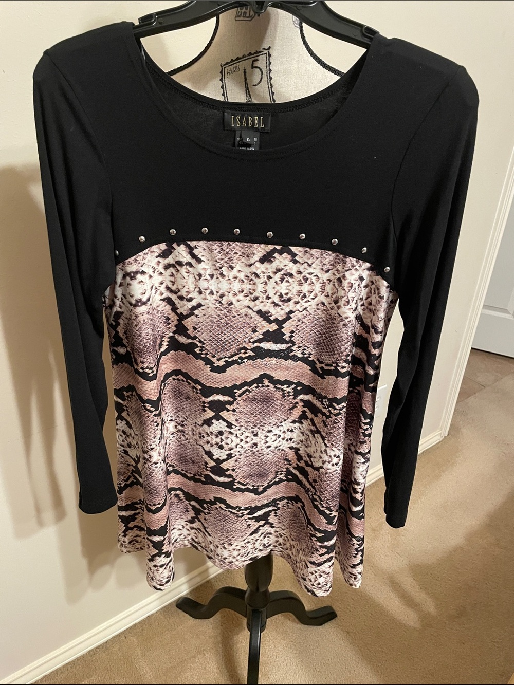 Isabel Black Long Sleeve Tee with Taupe Snake-Print Panel